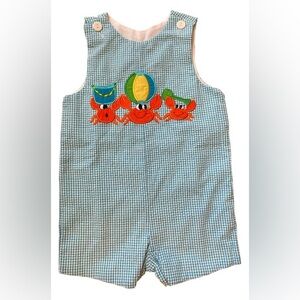 Wish Upon A Star Blue Gingham Jon Jon/Shortall with Appliquéd Beach Crabs NWOT